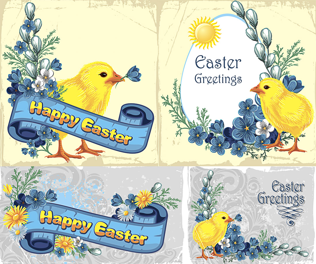 Easter cards with grange, floral backdrop and chick vector