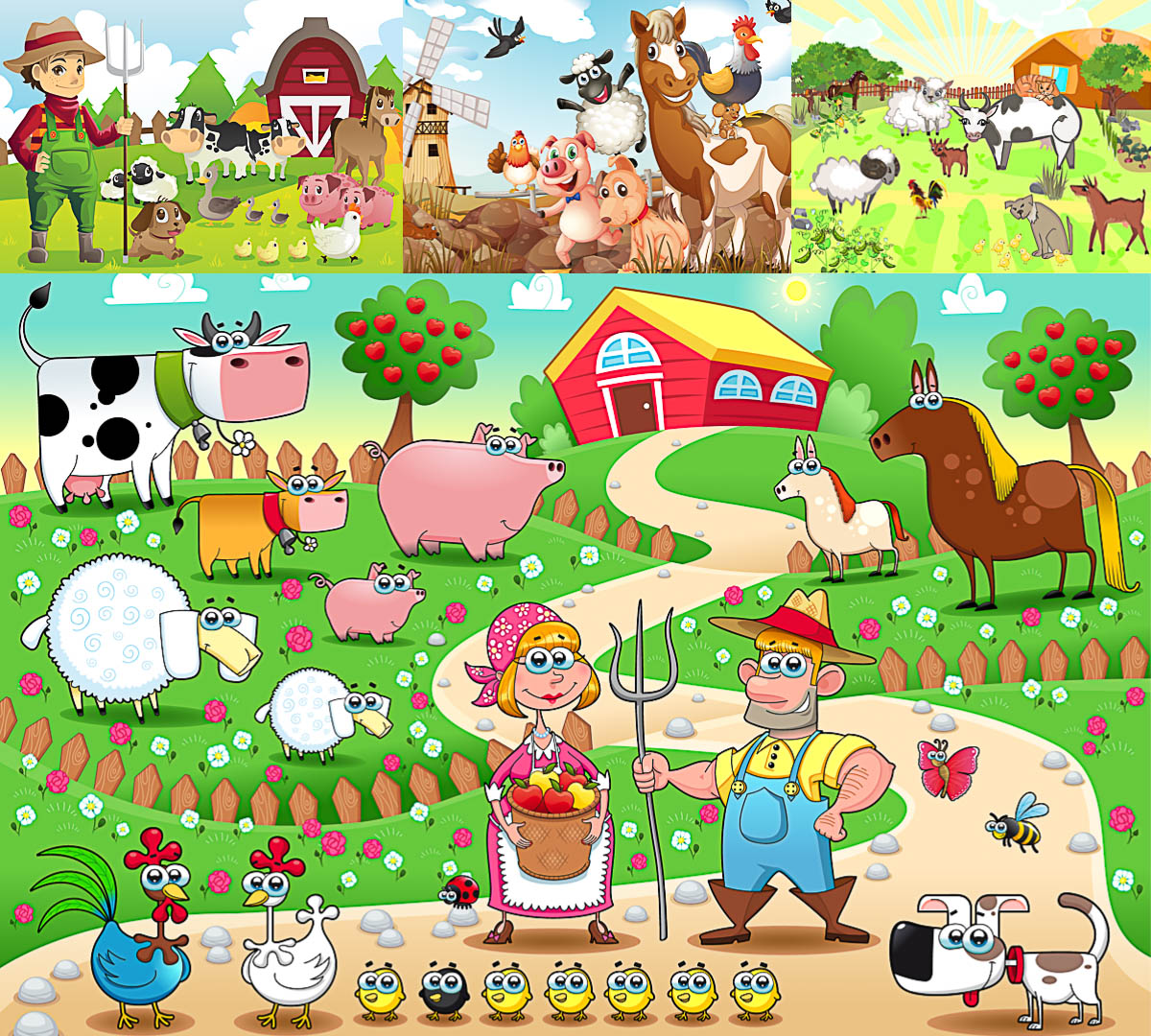 Farm backgrounds with happy animals vector