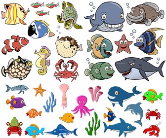 Fun sea animals and seaweed vector