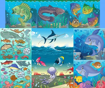 Hand drawn river and sea cartoons animals templates vector
