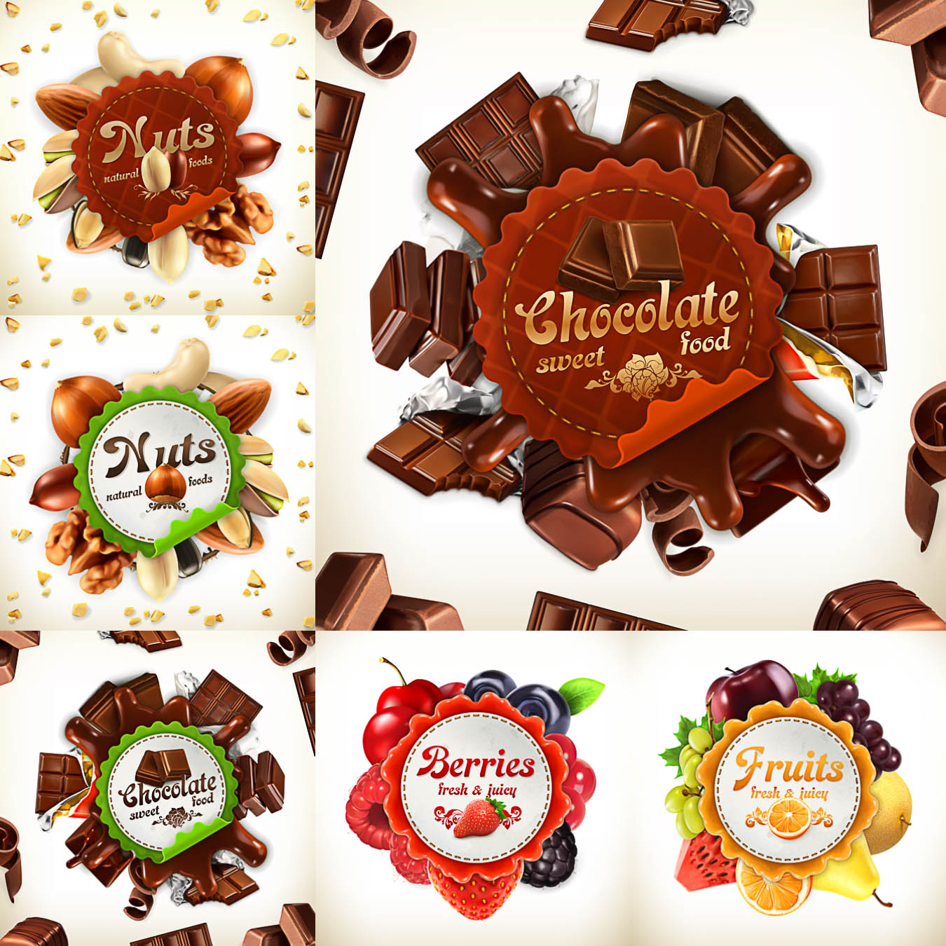 Chocolate, nuts, fruits, berries labels vector