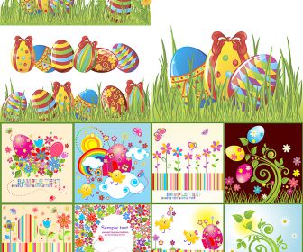 Colorful Easter cards with cartoon ornaments vector