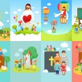 Easter backgrounds with Jesus, church and childrens vector