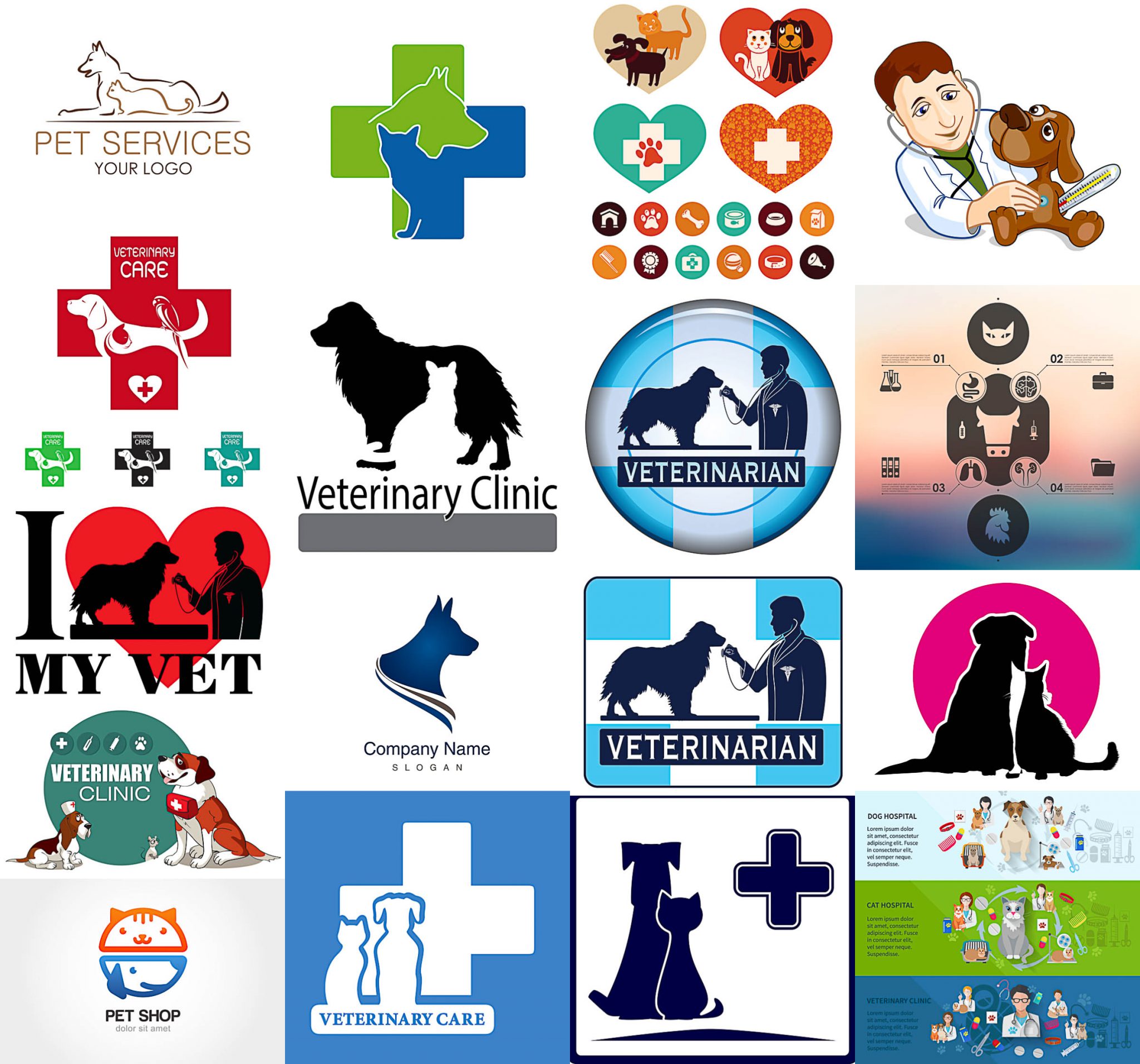 Veterinary clinic logos with pets and animals vector