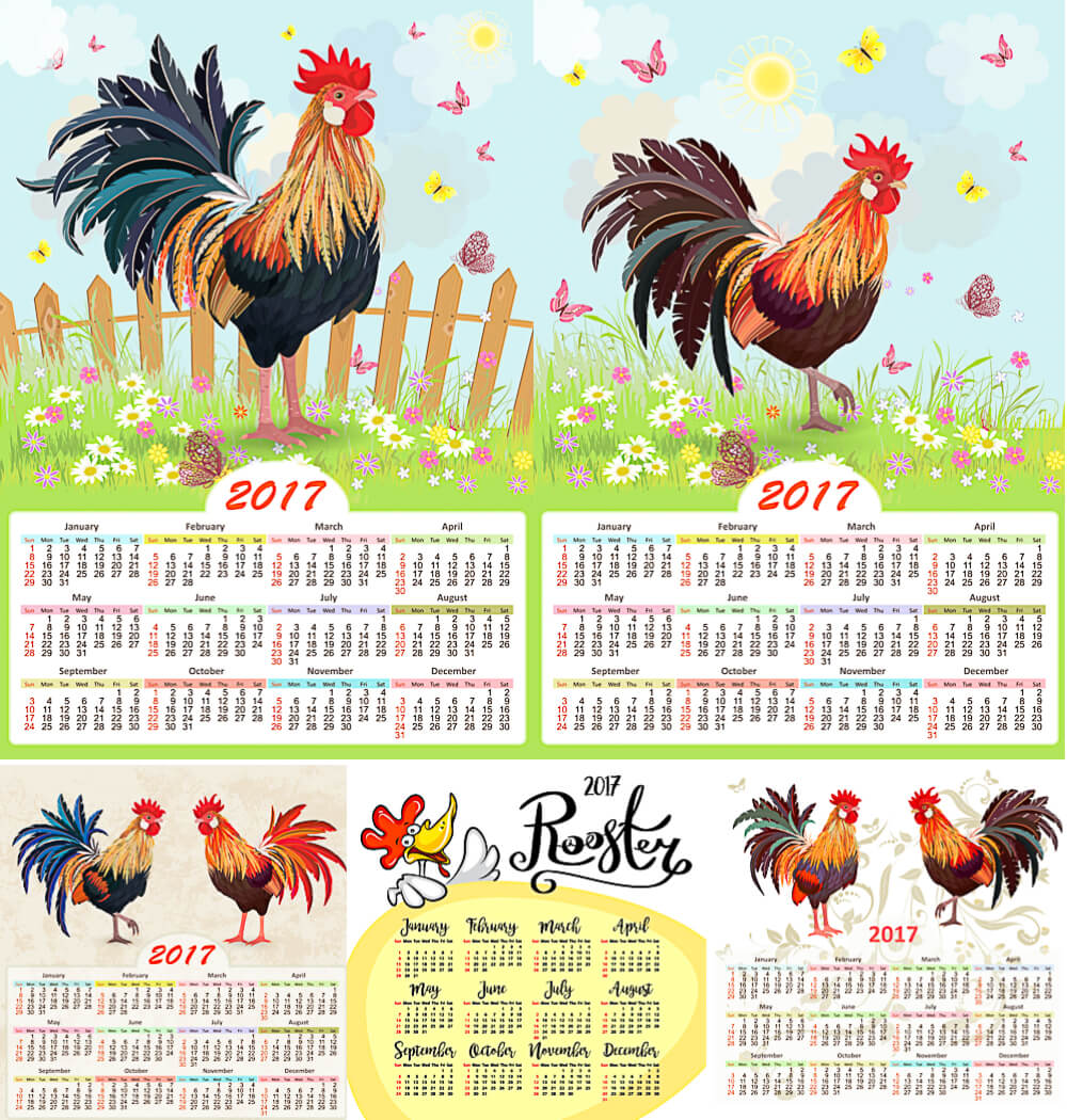 2017 calendar with rooster vector