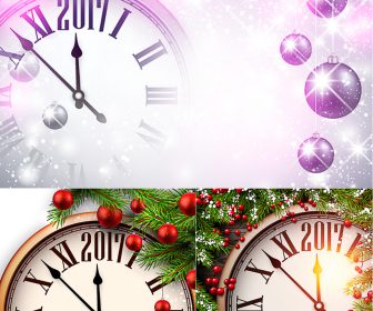 Christmas background with clock, balls and mistletoe vector