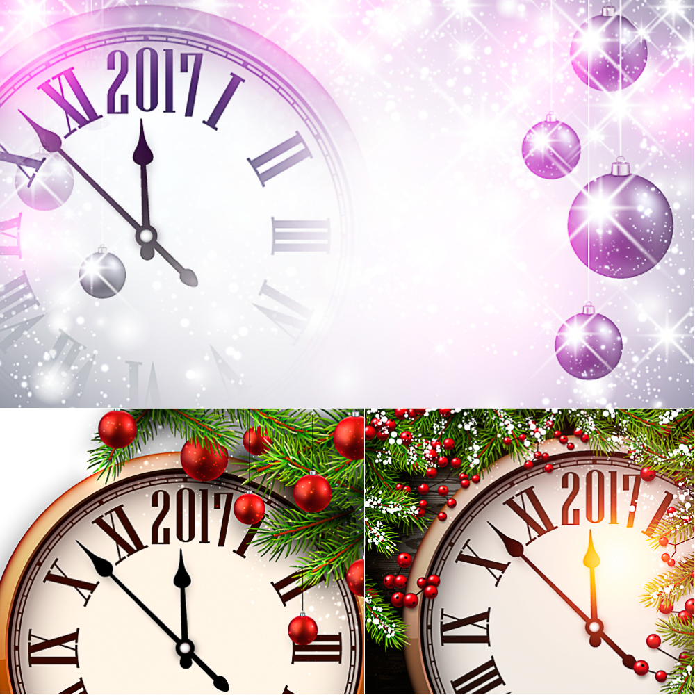 Christmas background with clock, balls and mistletoe vector