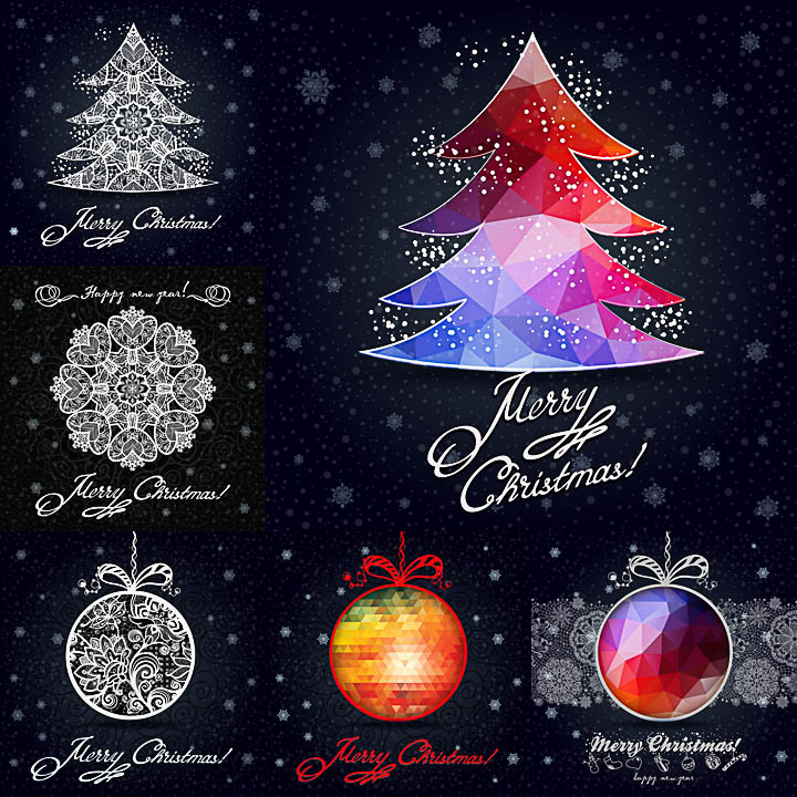 Christmas cards with tree, snowflakes and balls vector