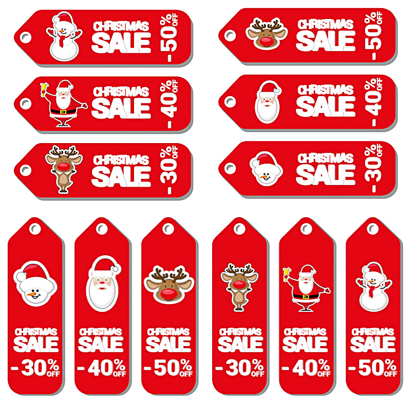 Christmas sale tags with Santa, deer and snowman vector