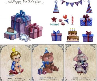 Awesome watercolor Birthday cards with gifts, bear, cake vector