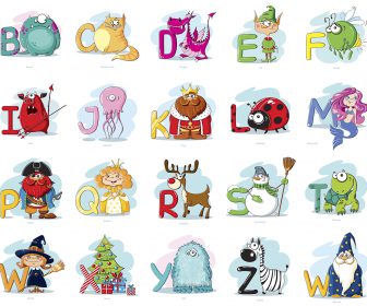 English alphabet for kids with letter illustrations in cartoon style vector