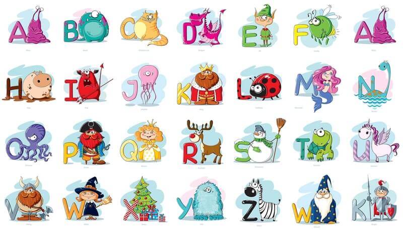 English alphabet for kids with letter illustrations in cartoon style vector