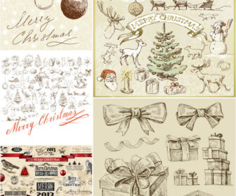 Vintage hand drawn Merry Christmas illustrations vector