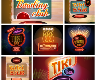 Neon bowling signs and billboard in vector