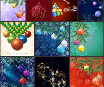 Christmas backgrounds for greeting card designs with fir twigs and balls vector templates