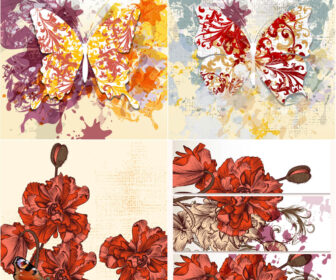 Vintage flowers and butterflies backgrounds vectors